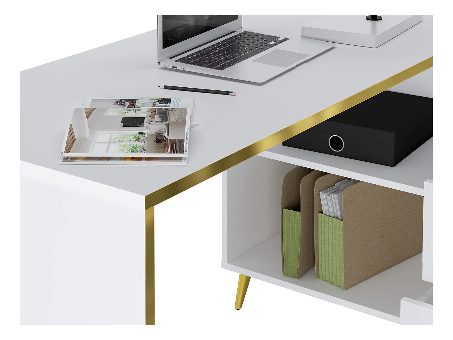 Hjørneskrivebord med skuffer og rum - Højglans hvid og gylden - MARZIALO