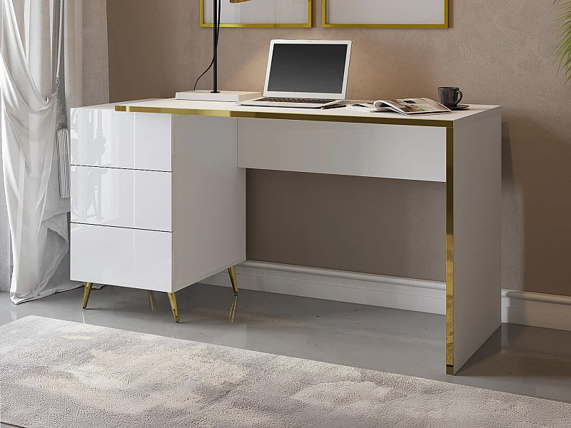 Secretária com gavetas branco brilhante e dourado - MARZIALO
