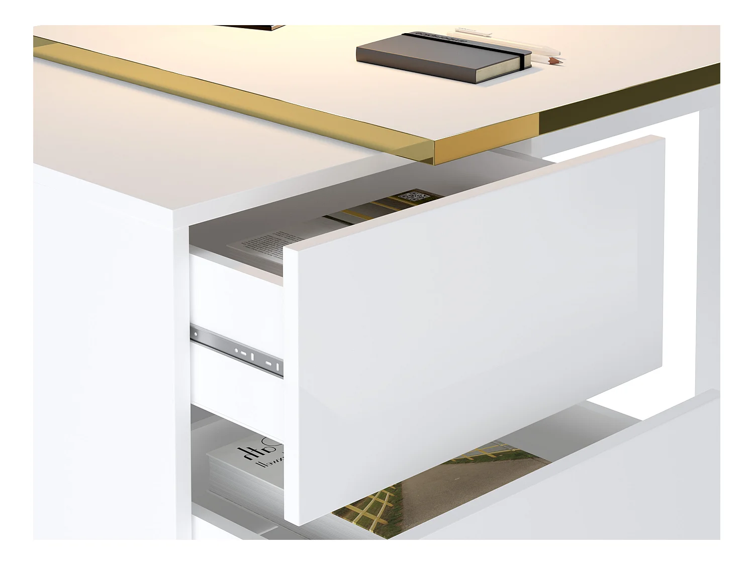 Bureau avec tiroirs - Blanc brillant et doré - MARZIALO