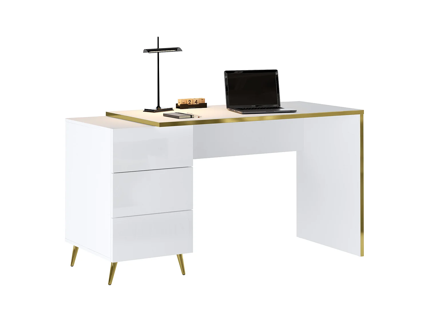 Bureau avec tiroirs - Blanc brillant et doré - MARZIALO