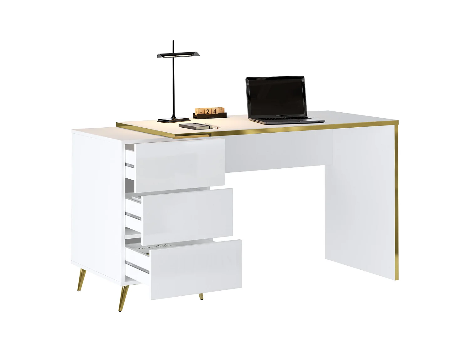 Bureau avec tiroirs - Blanc brillant et doré - MARZIALO
