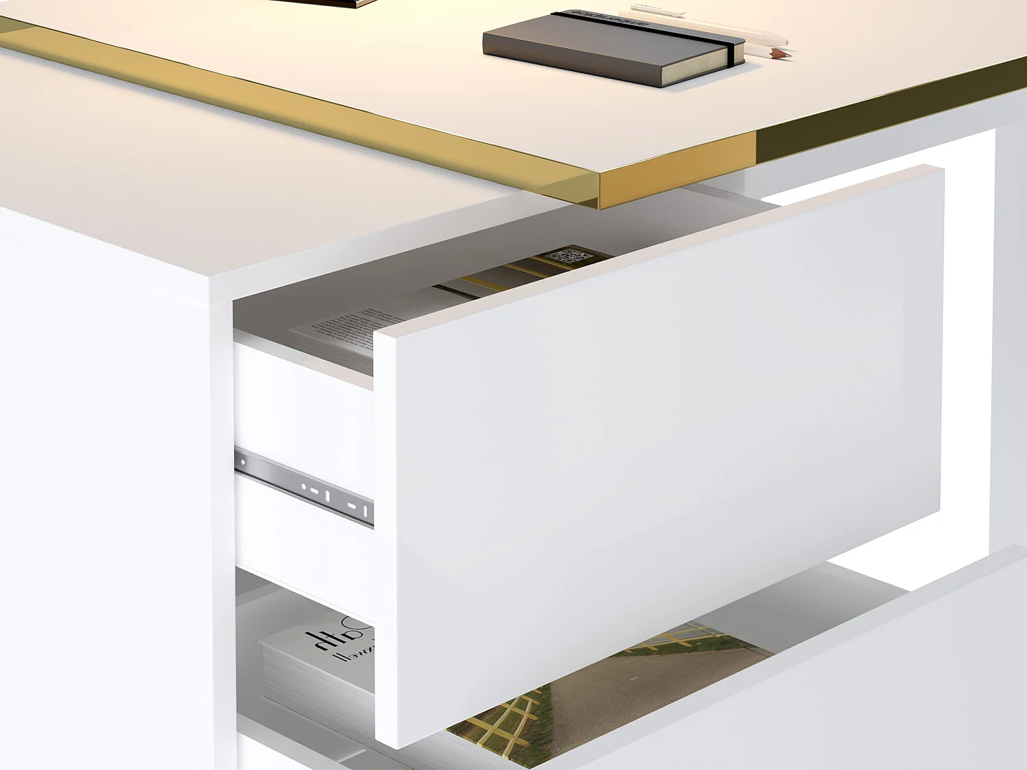 Bureau avec tiroirs - Blanc brillant et doré - MARZIALO
