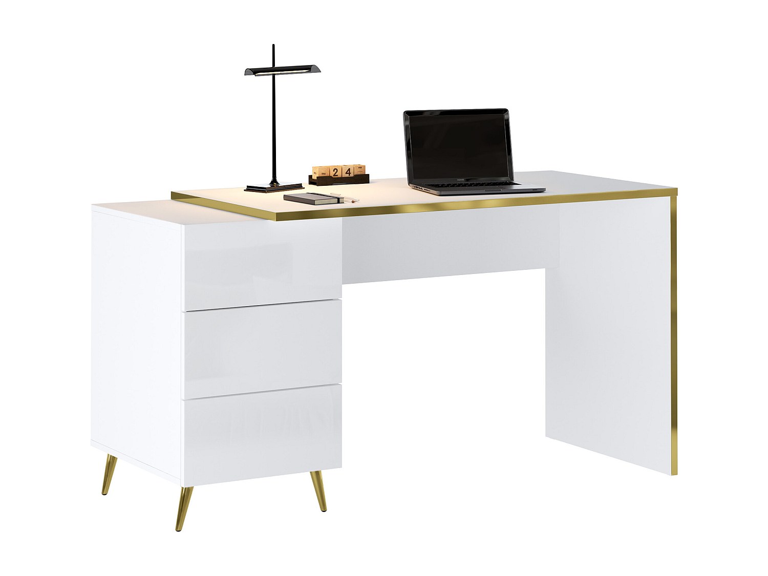 Schreibtisch mit Schubladen - Weiß glänzend & Goldfarben - MARZIALO günstig online kaufen