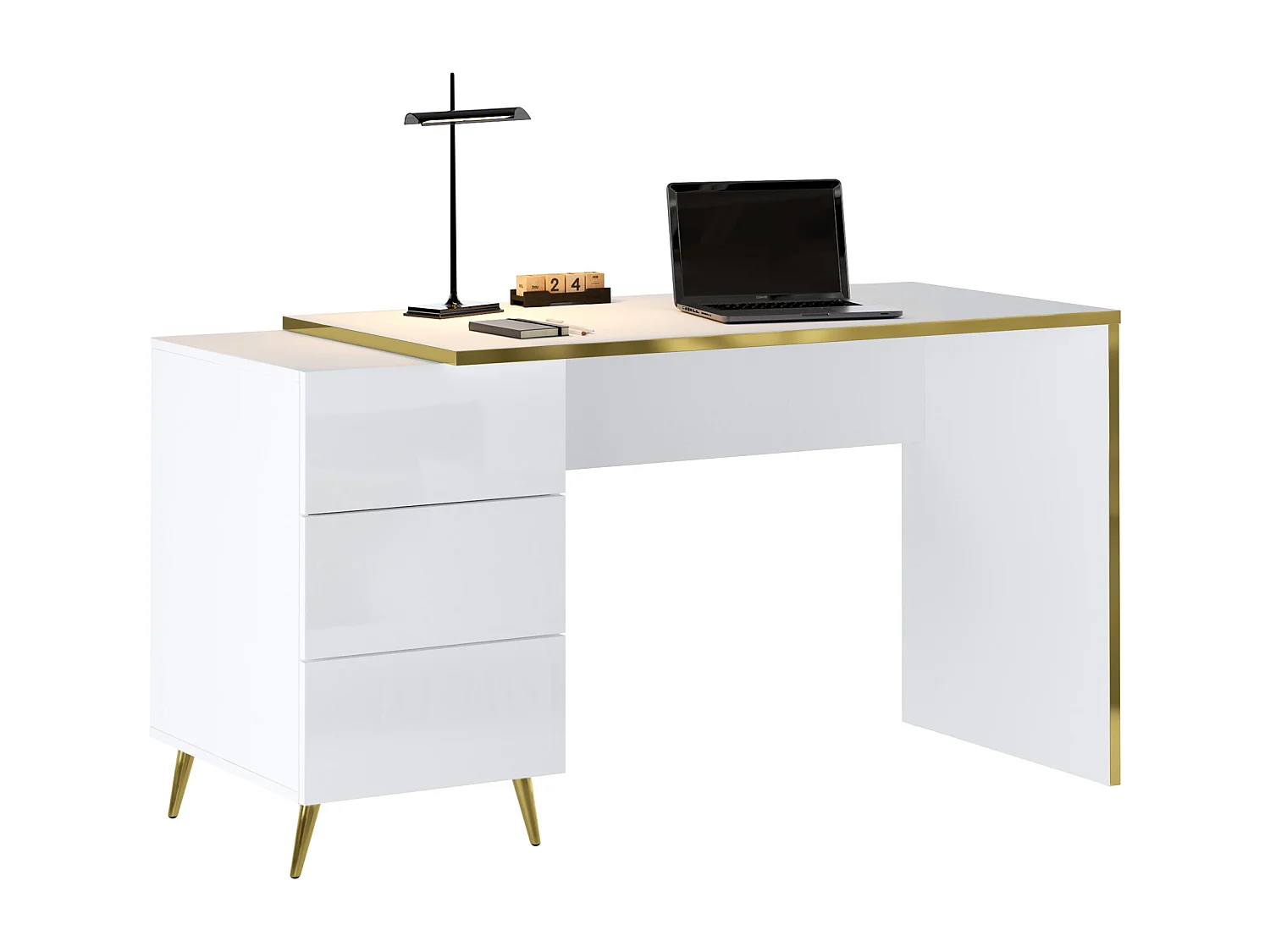 Bureau avec tiroirs - Blanc brillant et doré - MARZIALO