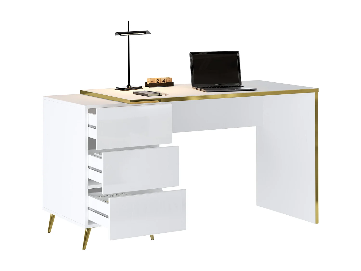 Bureau avec tiroirs - Blanc brillant et doré - MARZIALO