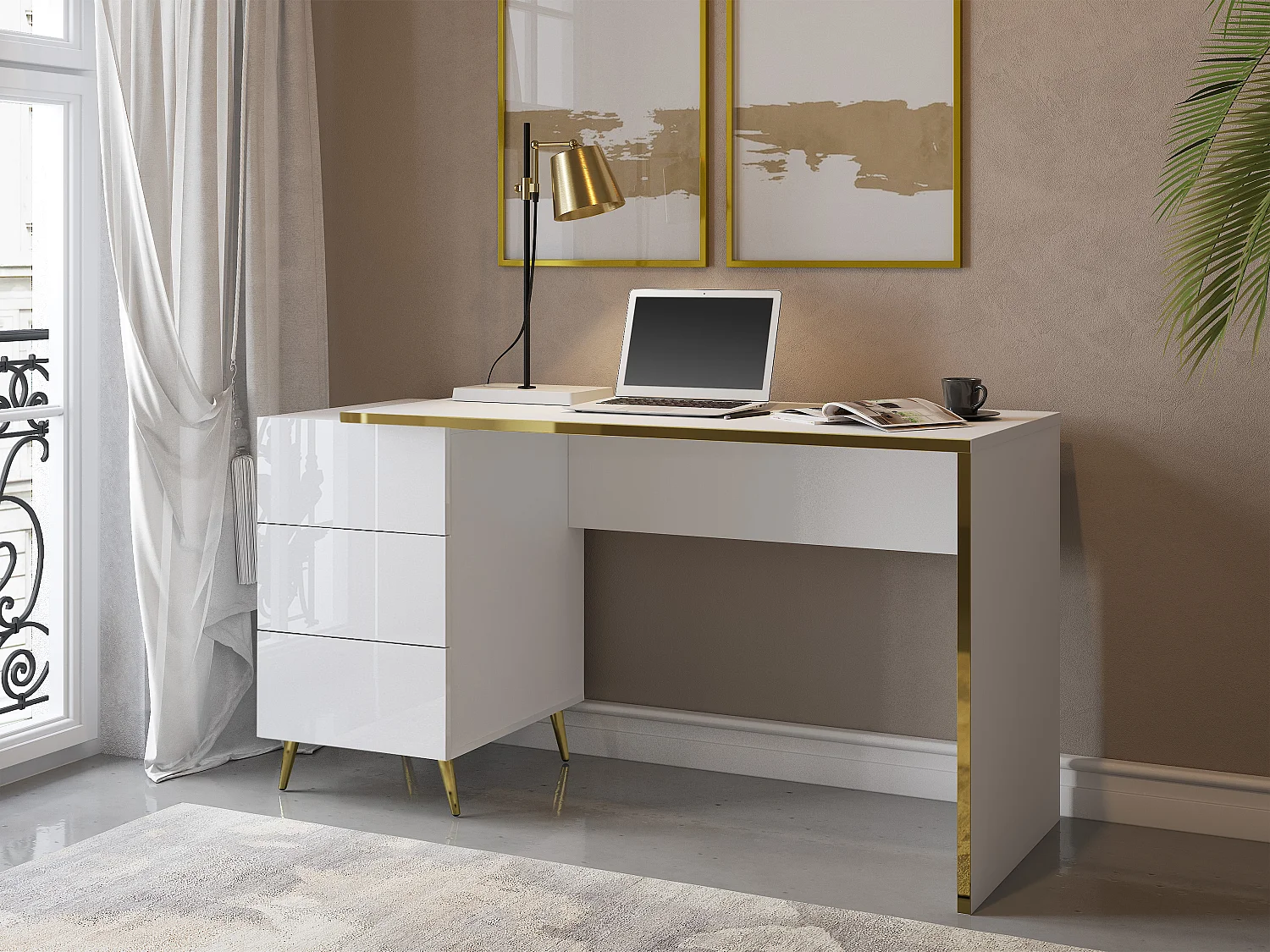 Bureau avec tiroirs - Blanc brillant et doré - MARZIALO