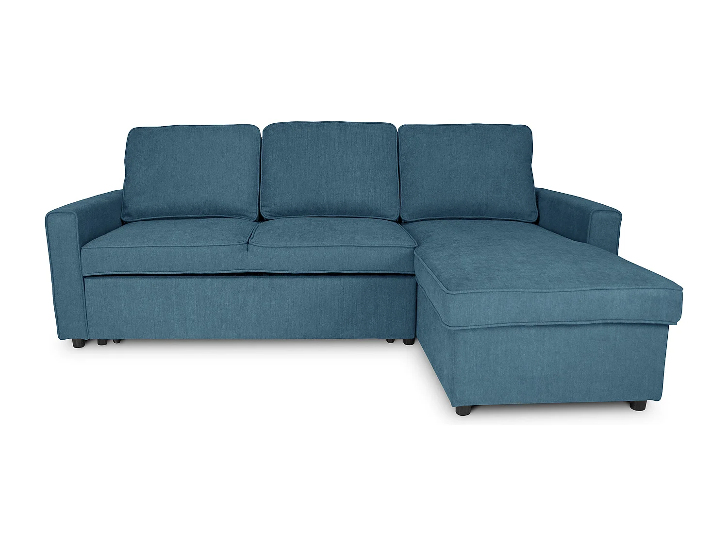 Divano letto angolare con contenitore, divano con chaise longue blu denim mod. Kennedy