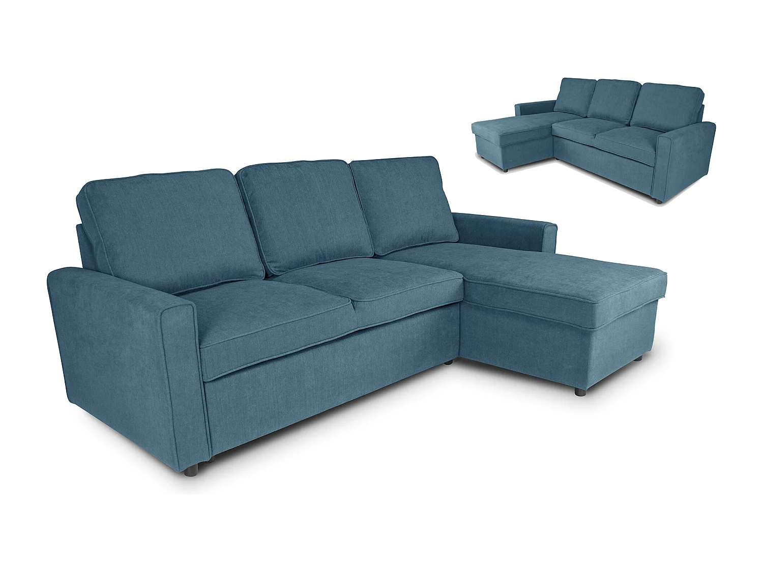 Divano letto angolare con contenitore, divano con chaise longue blu denim mod. Kennedy