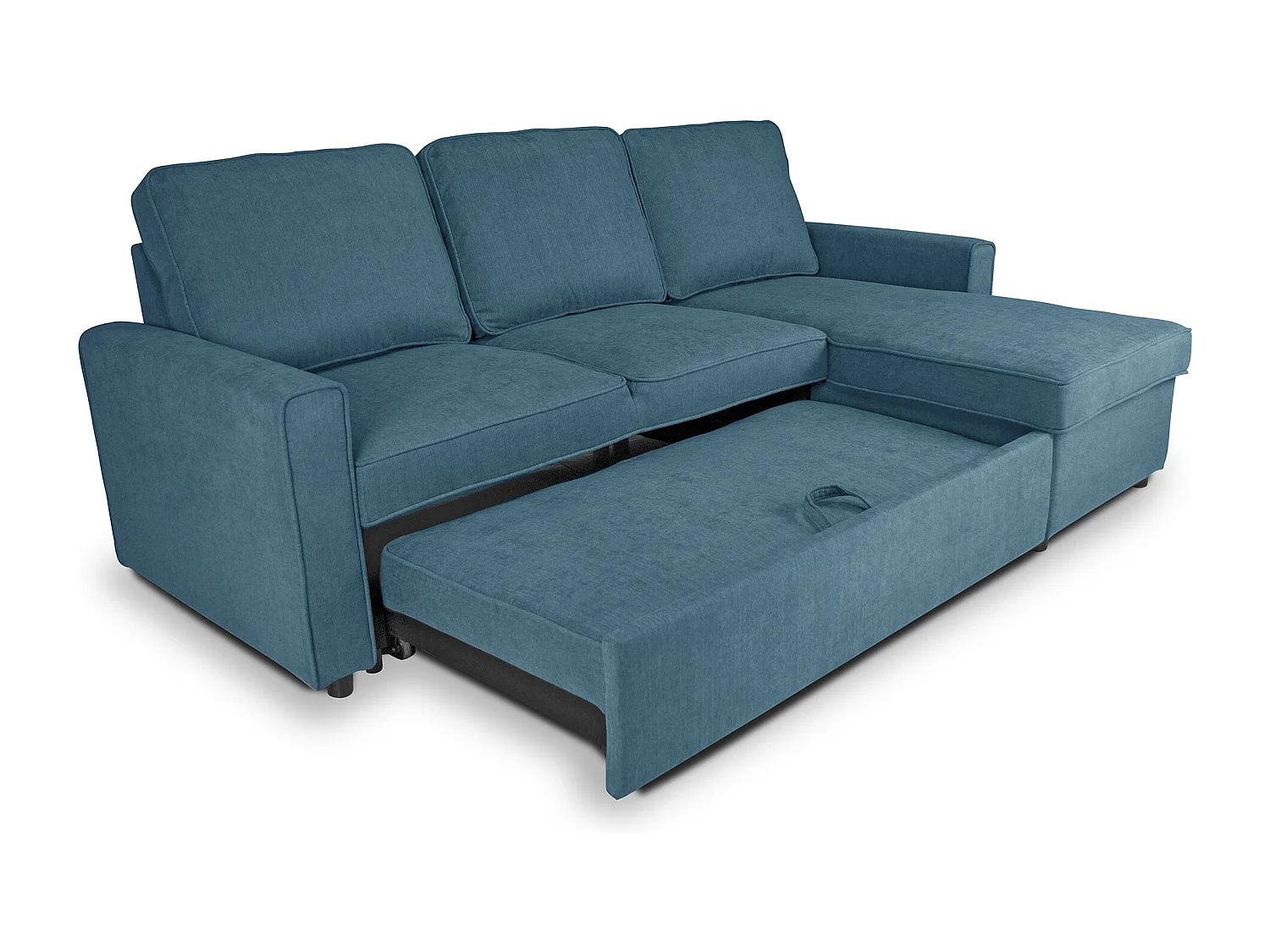 Divano letto angolare con contenitore, divano con chaise longue blu denim mod. Kennedy