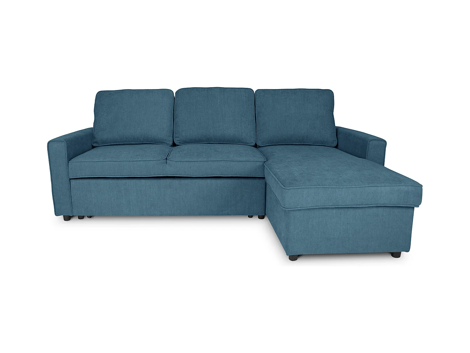Divano letto angolare con contenitore, divano con chaise longue blu denim mod. Kennedy