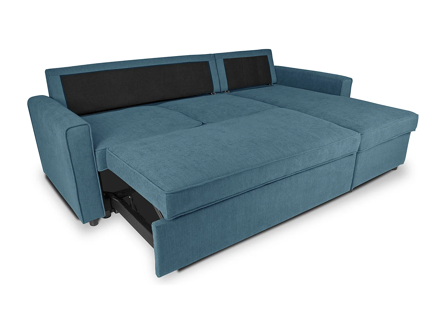 Divano letto angolare con contenitore, divano con chaise longue blu denim mod. Kennedy