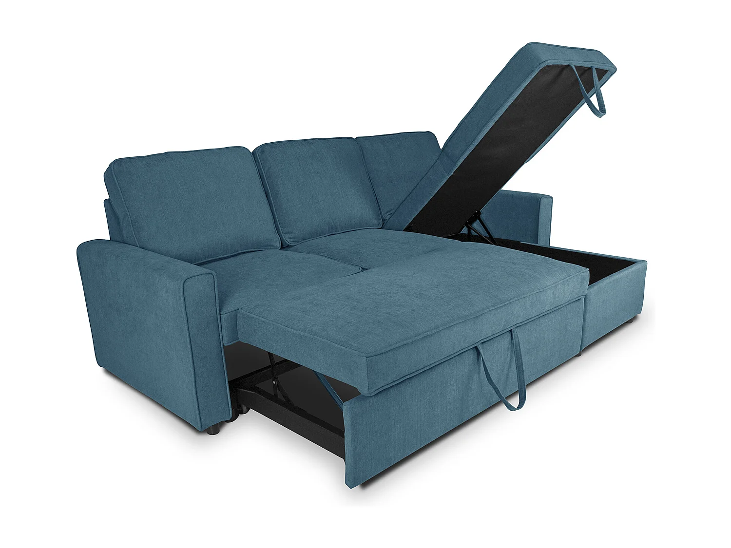 Divano letto angolare con contenitore, divano con chaise longue blu denim mod. Kennedy