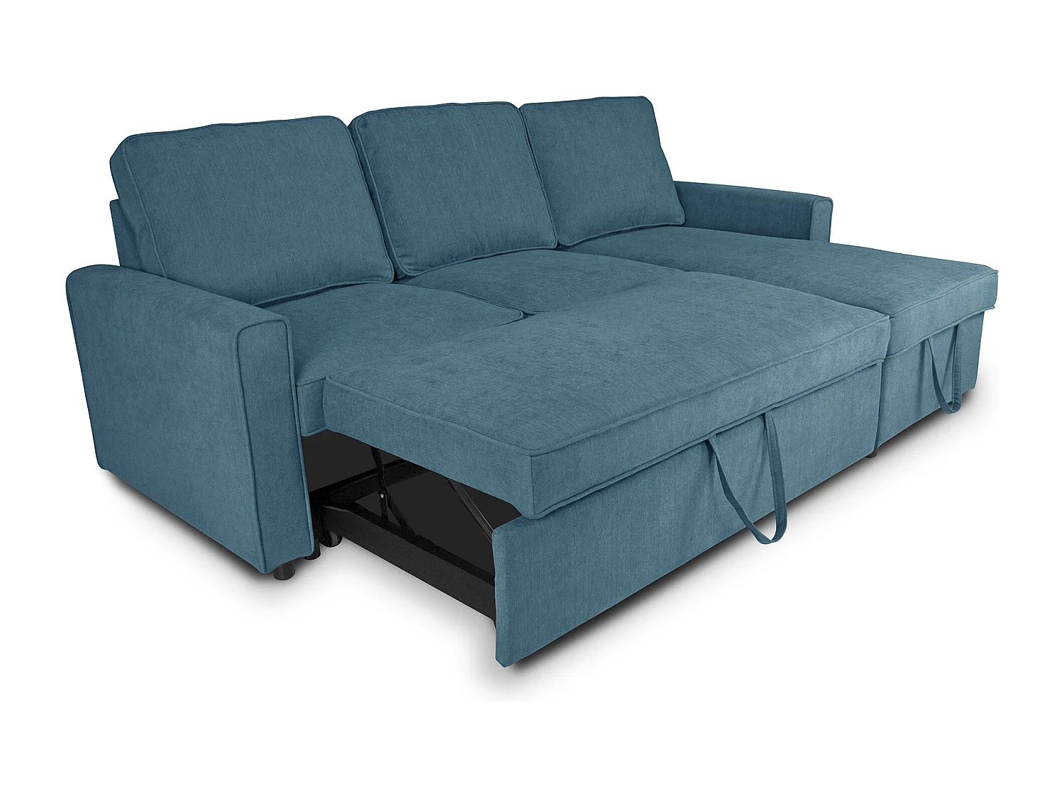 Divano letto angolare con contenitore, divano con chaise longue blu denim mod. Kennedy