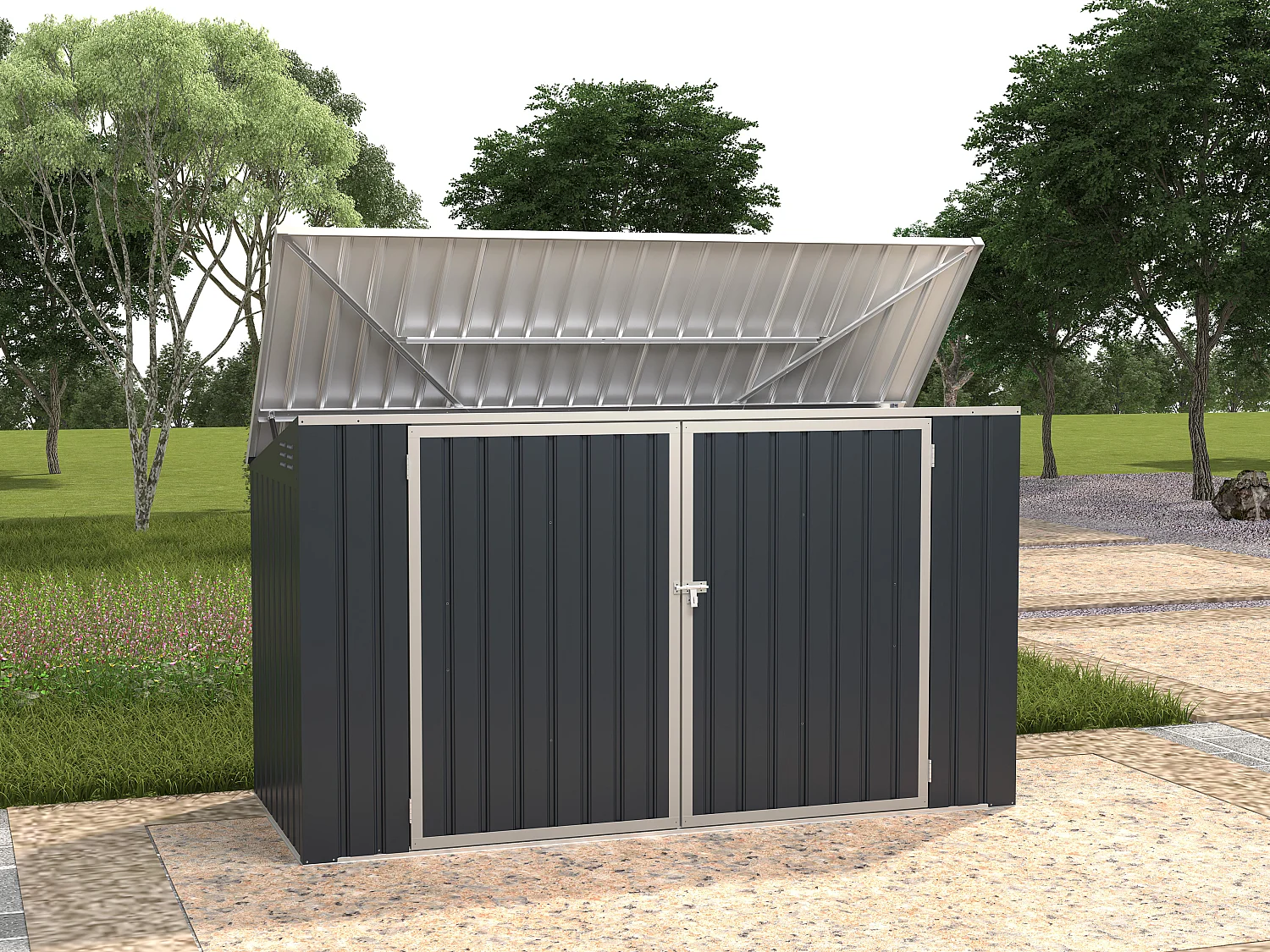 3er Mülltonnenbox aus verzinktem Stahl - Anthrazitgrau - 237 x 101 x 131 cm - ILARIO