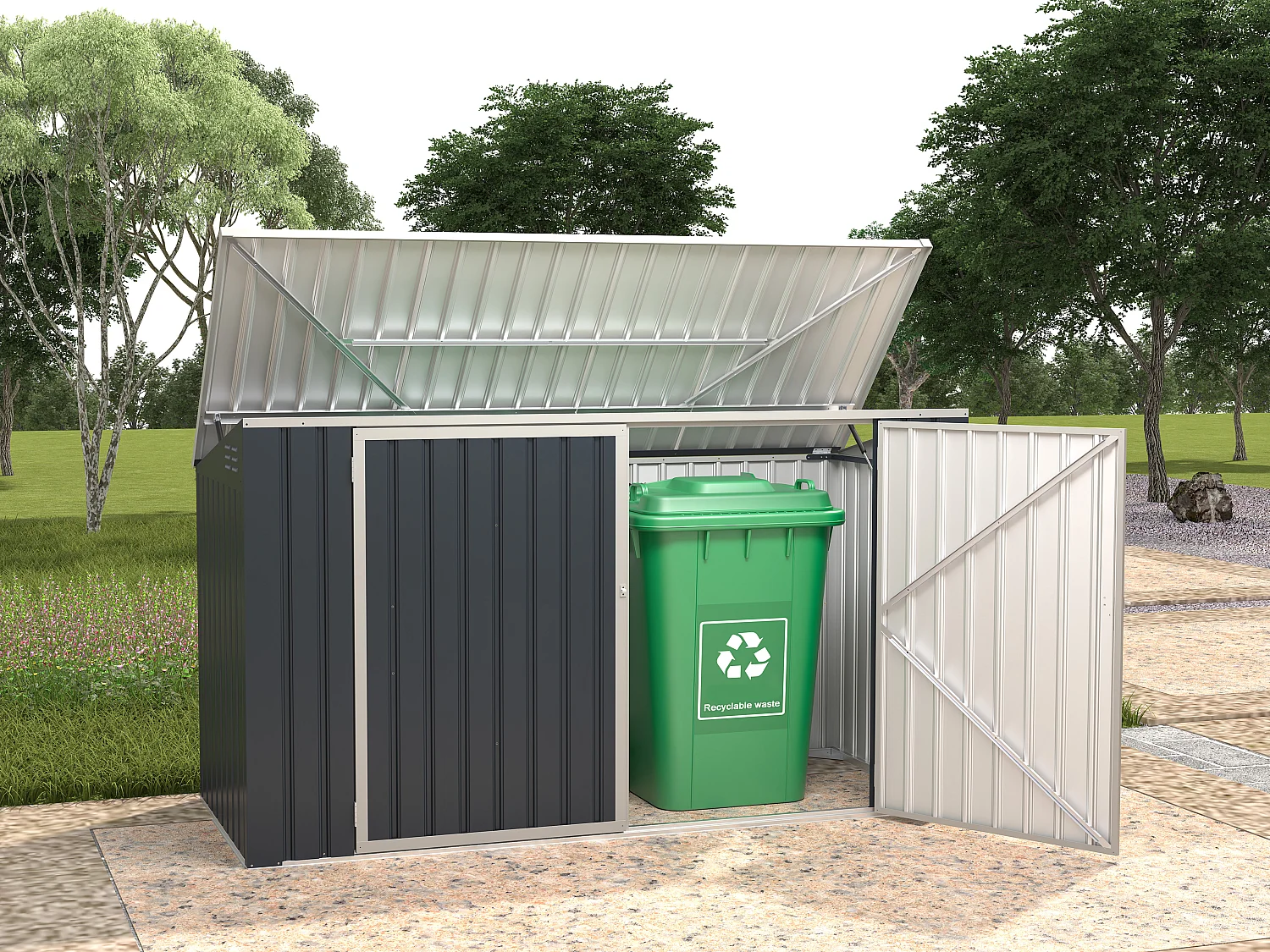 3er Mülltonnenbox aus verzinktem Stahl - Anthrazitgrau - 237 x 101 x 131 cm - ILARIO