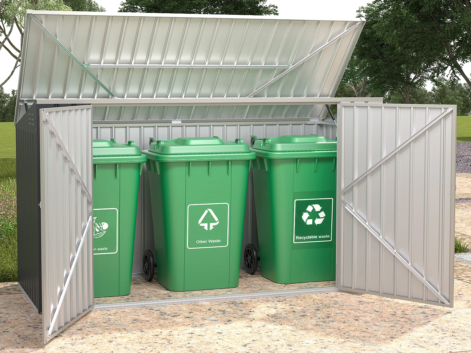 3er Mülltonnenbox aus verzinktem Stahl - Anthrazitgrau - 237 x 101 x 131 cm - ILARIO