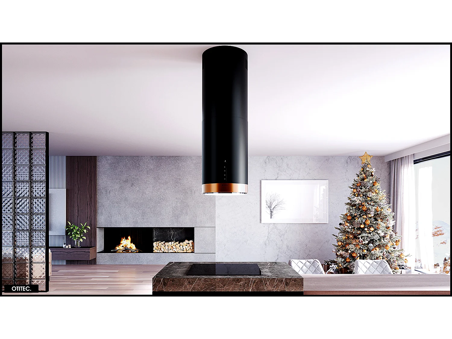 Hotte Îlot Aspirante Silencieuse - 39 cm - 675 m3/h - HEWENO - Noir avec Anneau