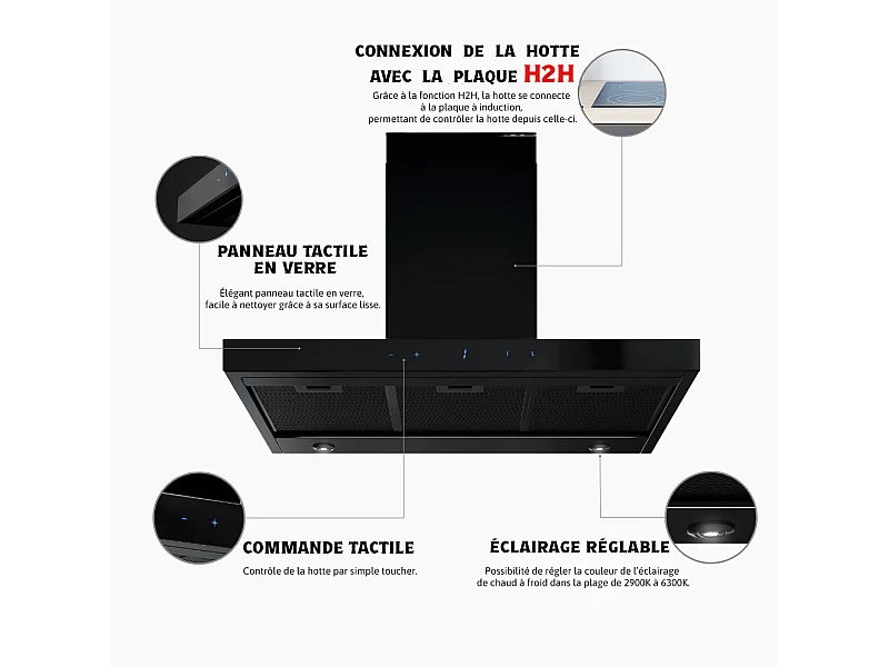 Hotte Murale Aspirante Silencieuse - 90 cm - 564 m3/h - VERTA H2H - Noir