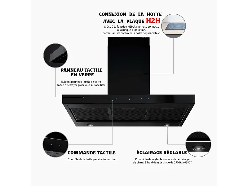 Hotte Murale Aspirante Silencieuse - 90 cm - 564 m3/h - VERTA H2H - Noir