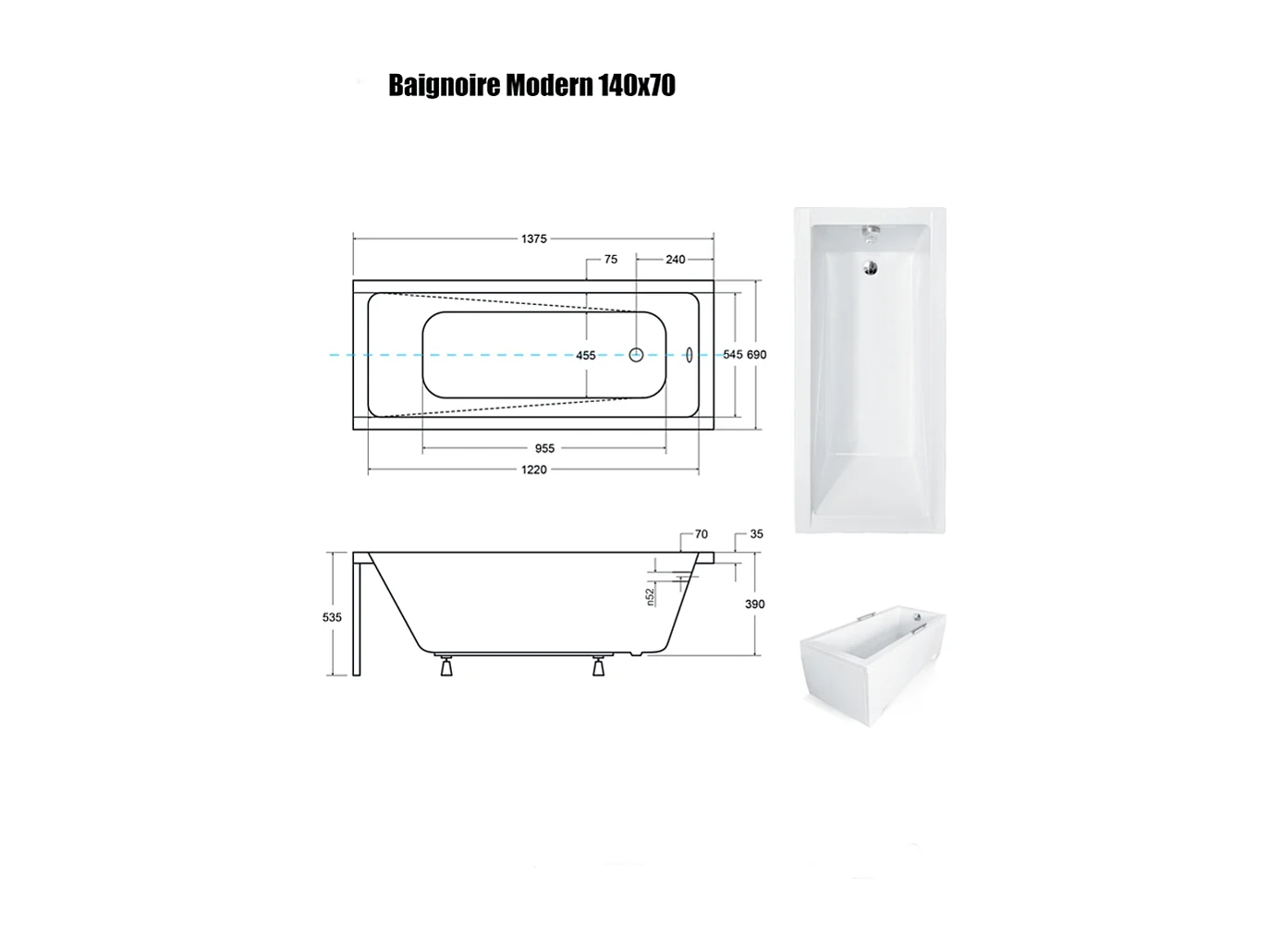 Baignoire Droite sans Tablier - 140 x 70 cm - MODERN SANS TABLIER - REPOSE-TÊTE OFFERT