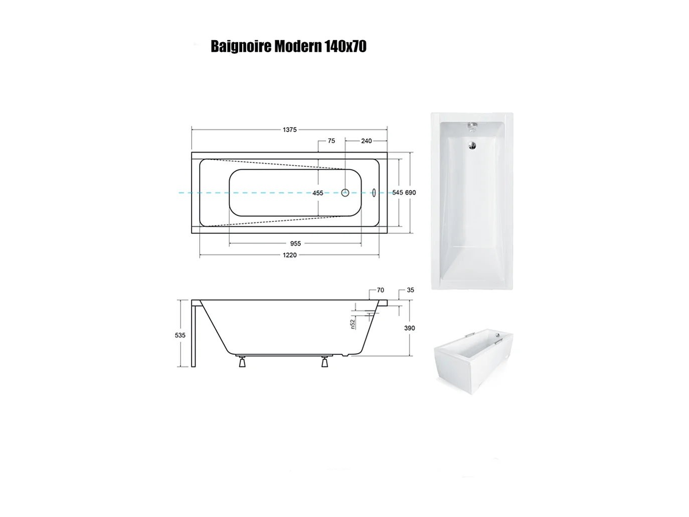 Baignoire Droite sans Tablier - 140 x 70 cm - MODERN SANS TABLIER - REPOSE-TÊTE OFFERT