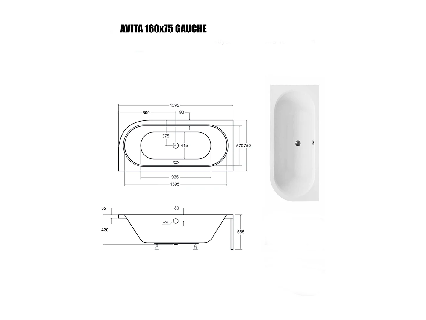 Baignoire Asymétrique sans Tablier - 160 x 75 cm - AVITA SANS TABLIER - GAUCHE - 1 REPOSE-TÊTE OFFERT