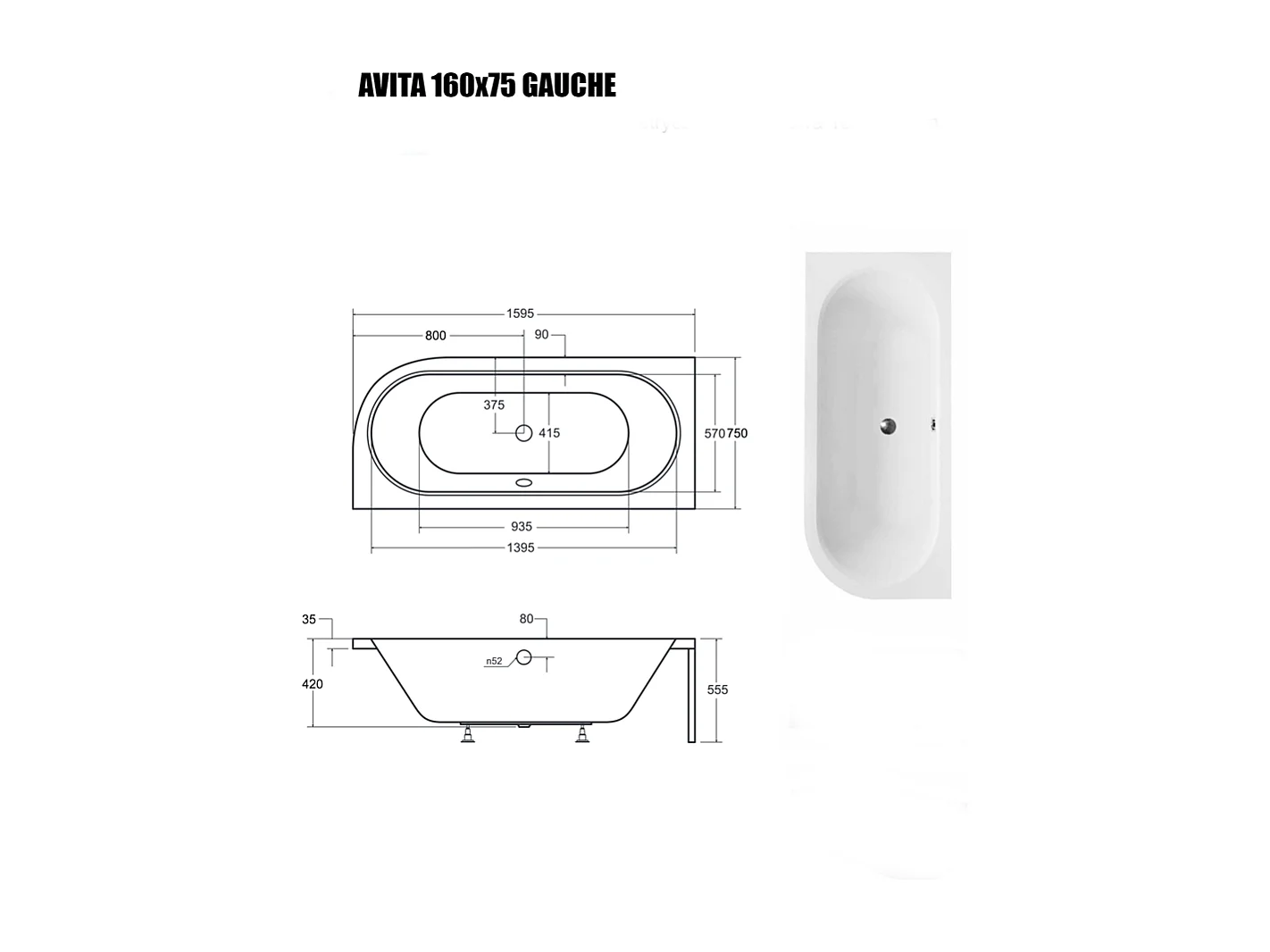 Baignoire Asymétrique sans Tablier - 160 x 75 cm - AVITA SANS TABLIER - GAUCHE - 1 REPOSE-TÊTE OFFERT