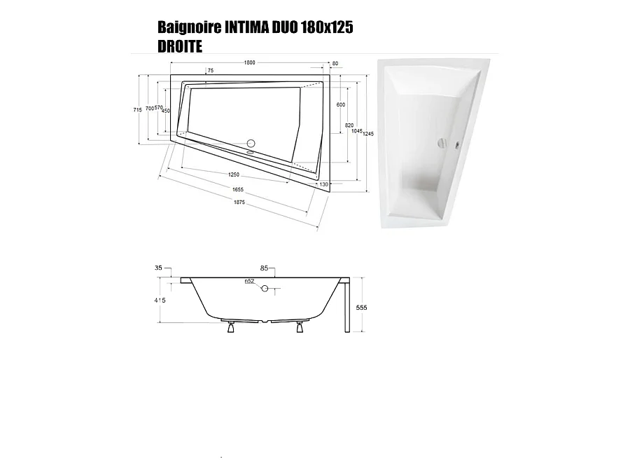 Baignoire Asymétrique sans Tablier - 180 x 125 cm - INTIMA DUO SANS TABLIER- DROITE - 2 REPOSE-TÊTES OFFERTS
