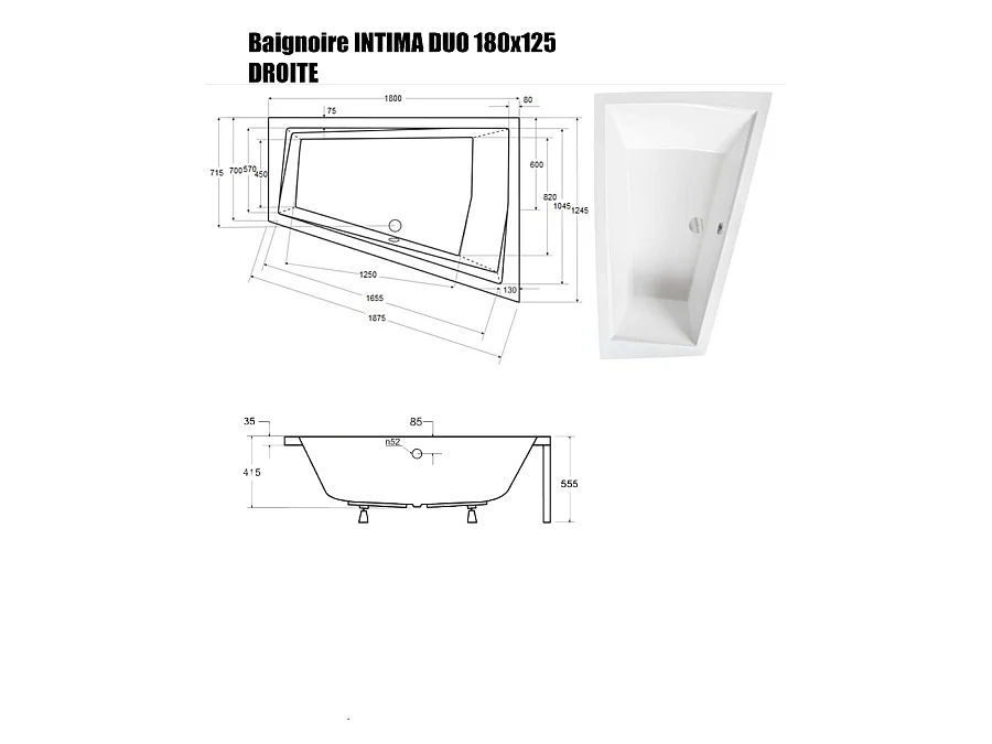 Baignoire Asymétrique sans Tablier - 180 x 125 cm - INTIMA DUO SANS TABLIER- DROITE - 2 REPOSE-TÊTES OFFERTS