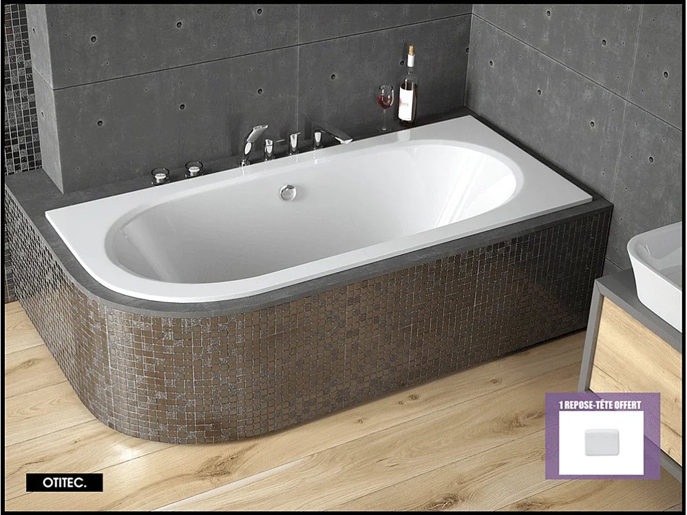 Baignoire Asymétrique sans Tablier - 160 x 75 cm - AVITA SANS TABLIER - DROITE - 1 REPOSE-TÊTE OFFERT