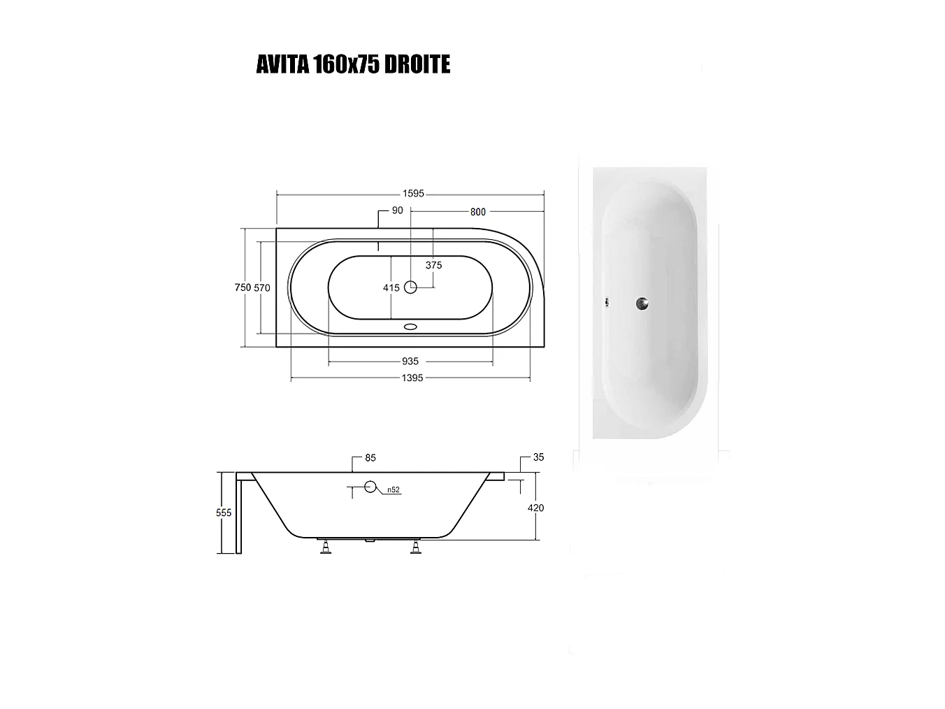Baignoire Asymétrique sans Tablier - 160 x 75 cm - AVITA SANS TABLIER - DROITE - 1 REPOSE-TÊTE OFFERT