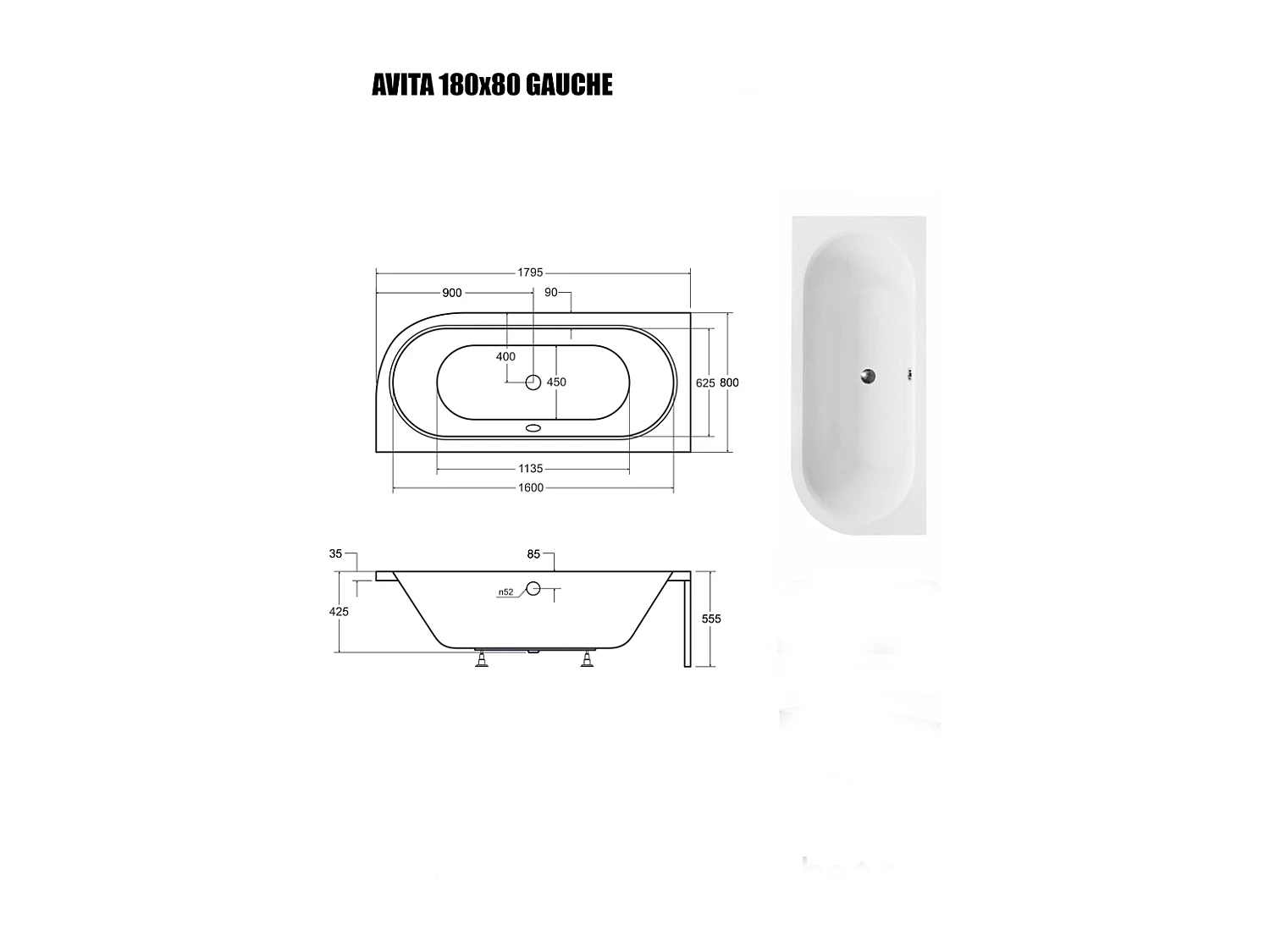 Baignoire Asymétrique sans Tablier - 180 x 80 cm - AVITA SANS TABLIER - GAUCHE - 1 REPOSE-TÊTE OFFERT