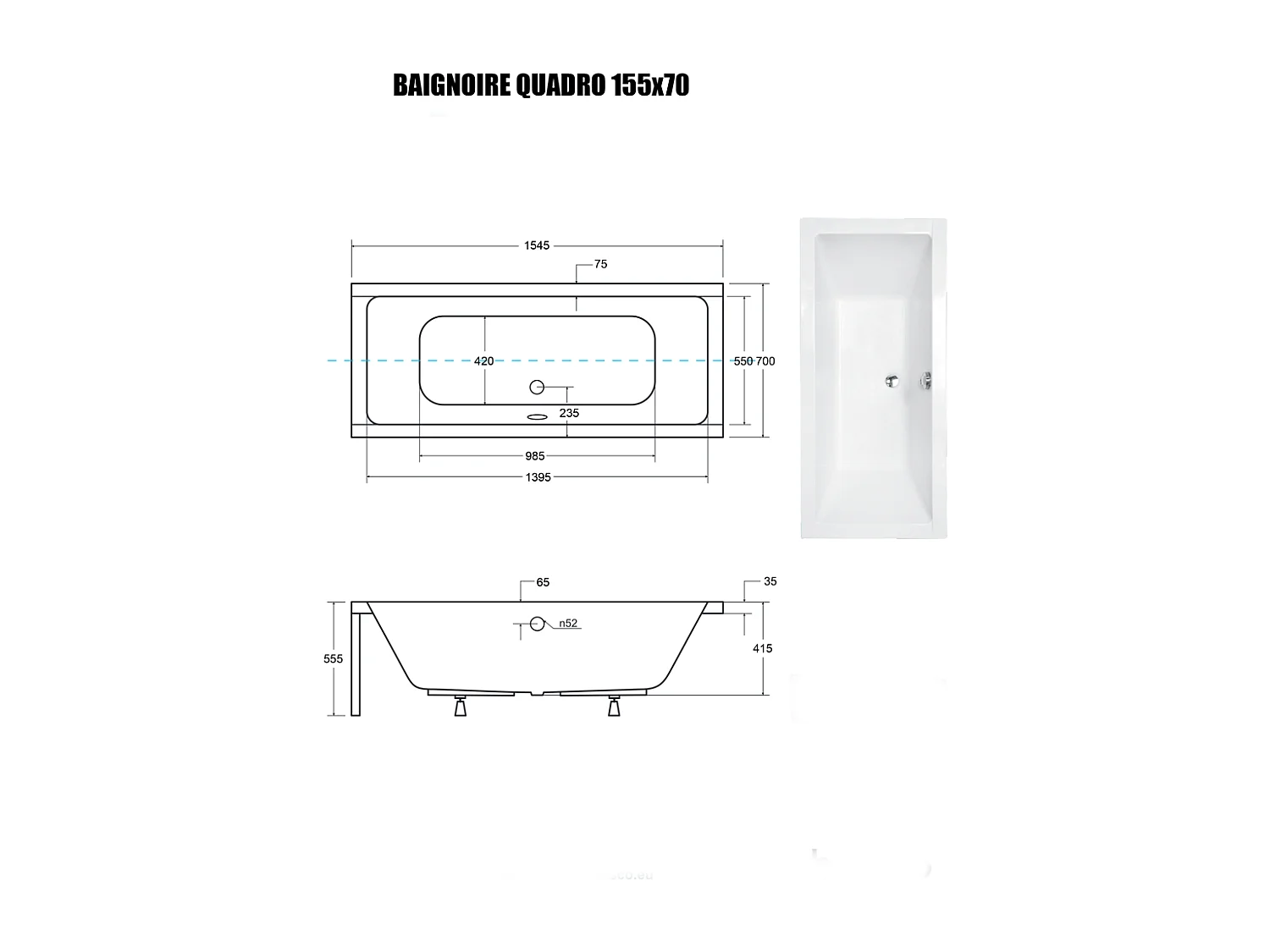 Baignoire Droite sans Tablier - 155 x 70 cm - QUADRO SANS TABLIER - REPOSE-TÊTE OFFERT