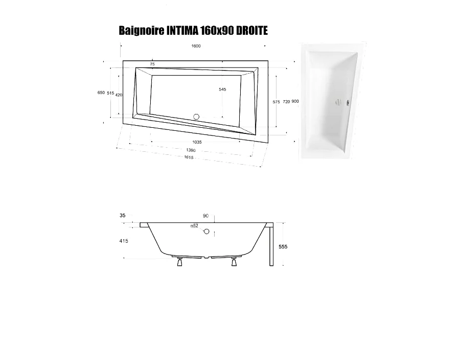 Baignoire Asymétrique sans Tablier - 160 x 90 cm - INTIMA SANS TABLIER - DROITE - avec Repose tête OFFERT