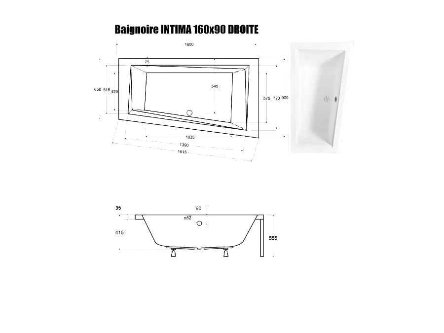 Baignoire Asymétrique sans Tablier - 160 x 90 cm - INTIMA SANS TABLIER - DROITE - avec Repose tête OFFERT