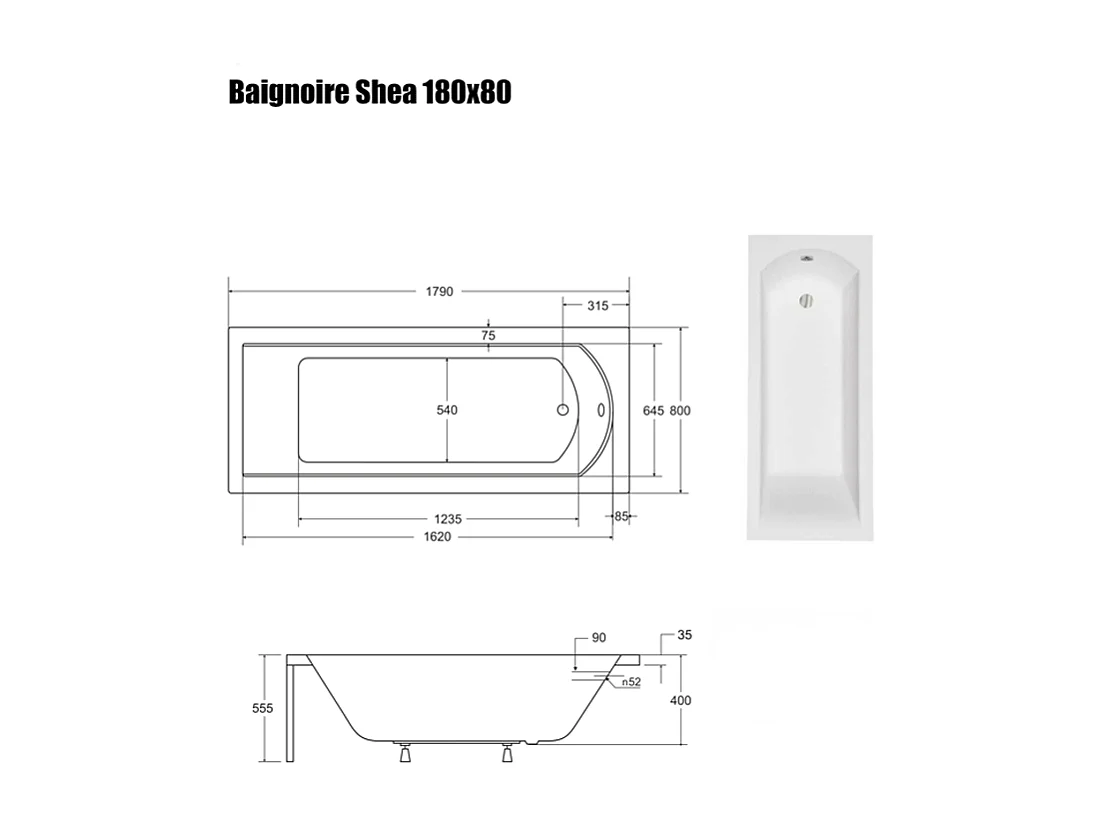 Baignoire Droite sans Tablier - 180 x 80 cm - SHEA SANS TABLIER - REPOSE-TÊTE OFFERT