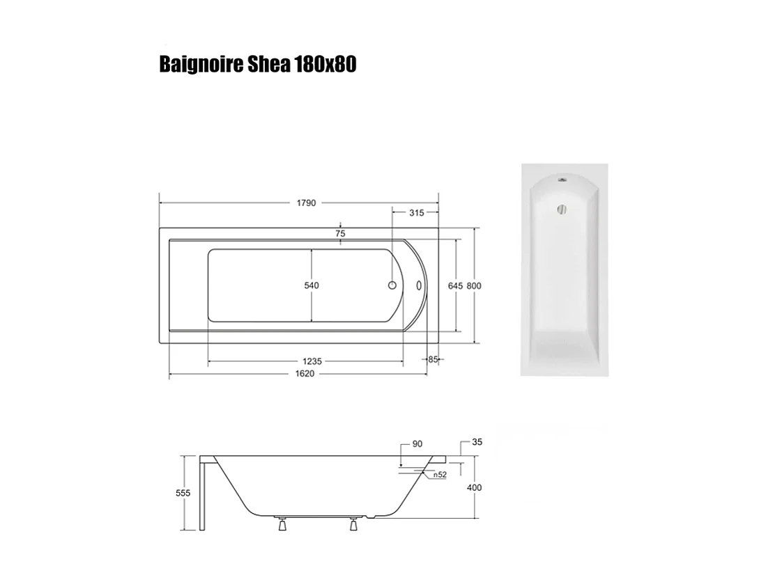 Baignoire Droite sans Tablier - 180 x 80 cm - SHEA SANS TABLIER - REPOSE-TÊTE OFFERT