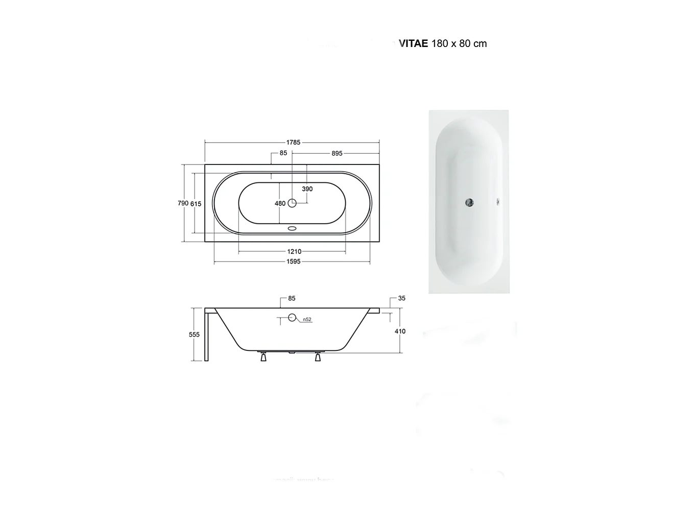 Baignoire Droite sans Tablier - 180 x 80 cm - VITAE SANS TABLIER - REPOSE-TÊTE OFFERT