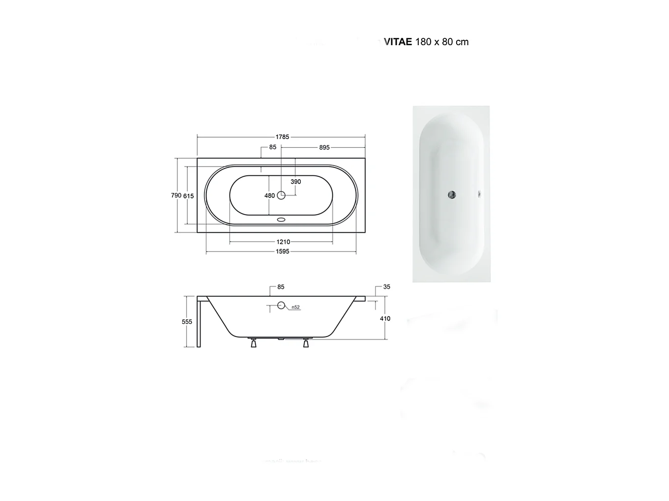 Baignoire Droite sans Tablier - 180 x 80 cm - VITAE SANS TABLIER - REPOSE-TÊTE OFFERT