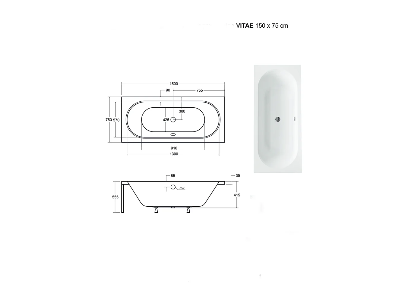 Baignoire Droite sans Tablier - 150 x 75 cm - VITAE SANS TABLIER - REPOSE-TÊTE OFFERT