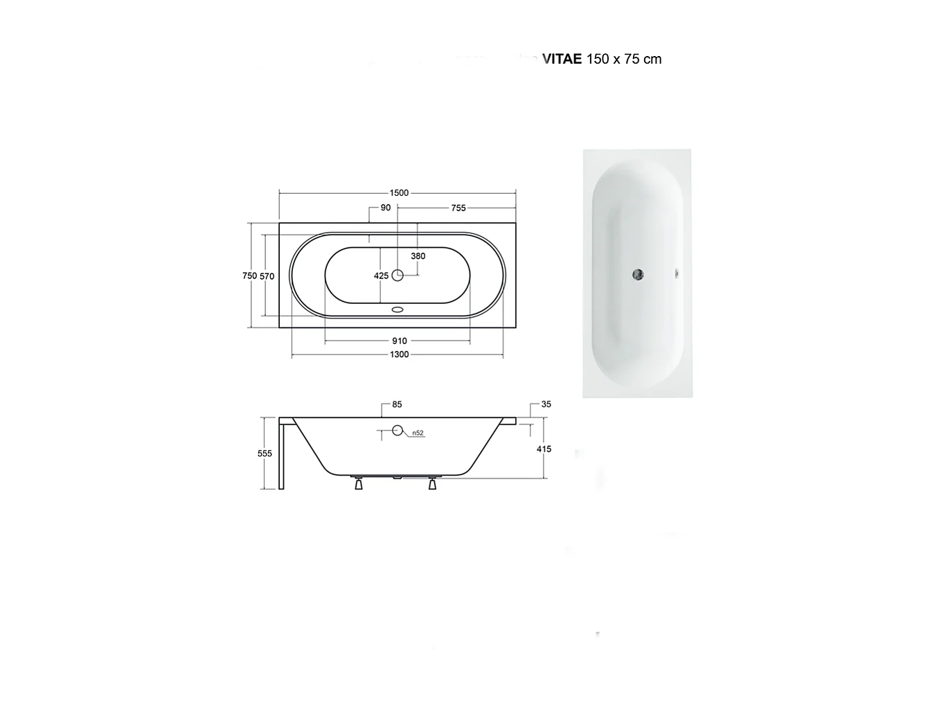 Baignoire Droite sans Tablier - 150 x 75 cm - VITAE SANS TABLIER - REPOSE-TÊTE OFFERT