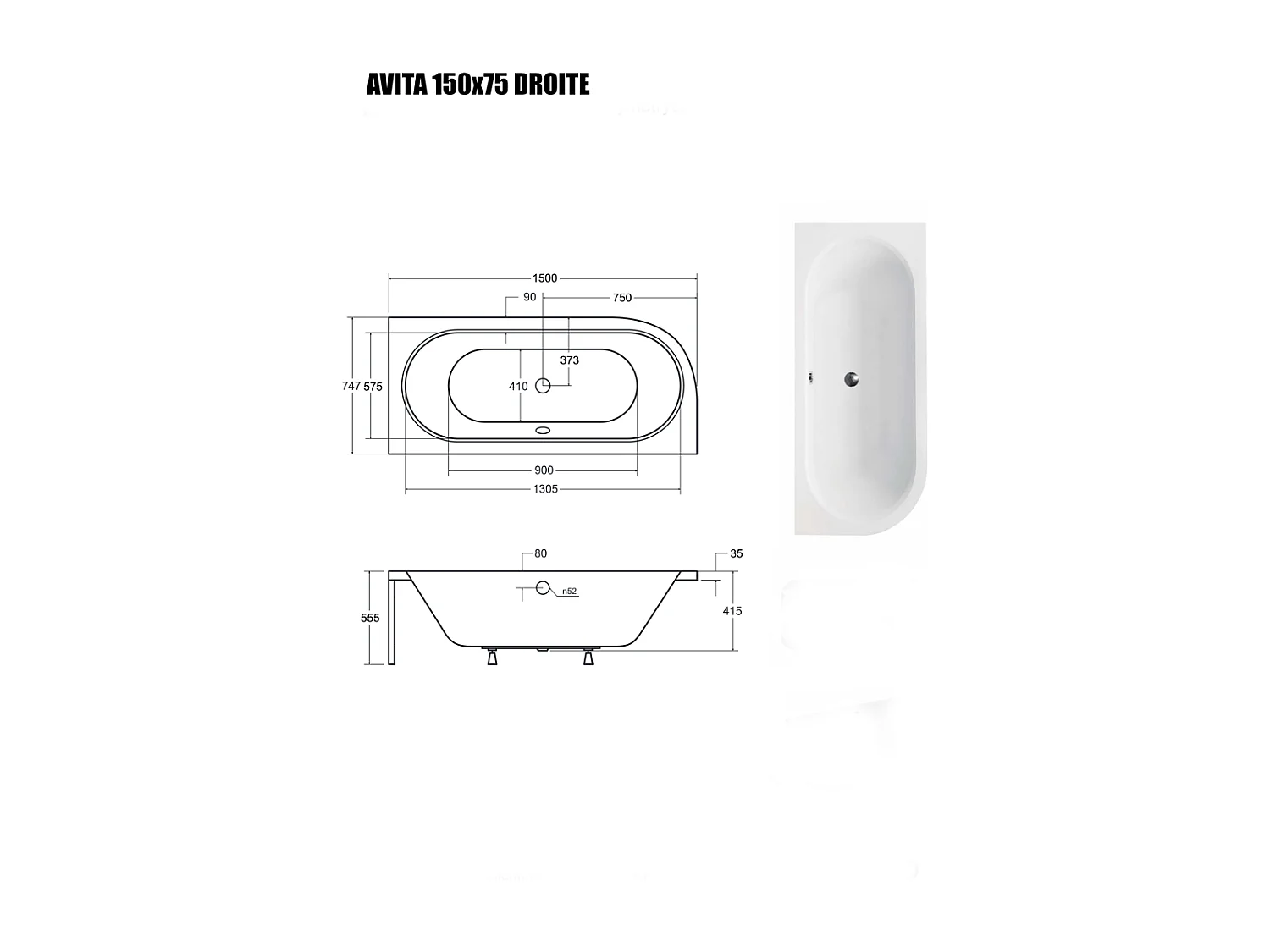 Baignoire Asymétrique sans Tablier - 150 x 75 cm - AVITA SANS TABLIER - DROITE - 1 REPOSE-TÊTE OFFERT