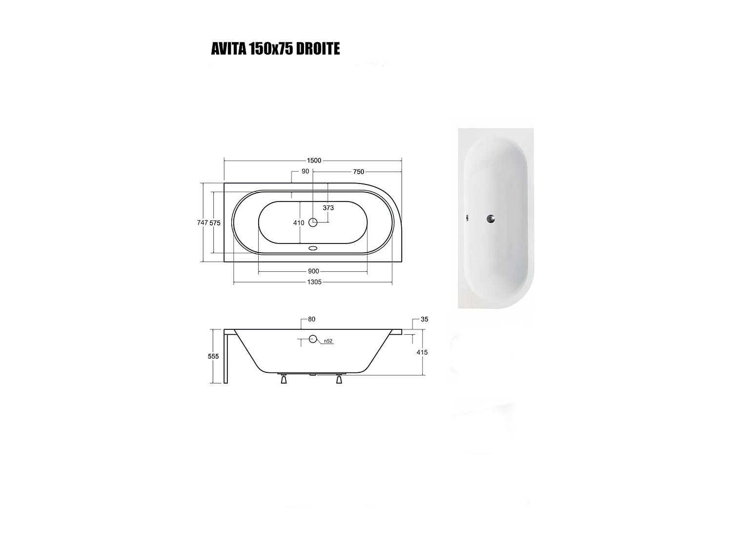Baignoire Asymétrique sans Tablier - 150 x 75 cm - AVITA SANS TABLIER - DROITE - 1 REPOSE-TÊTE OFFERT