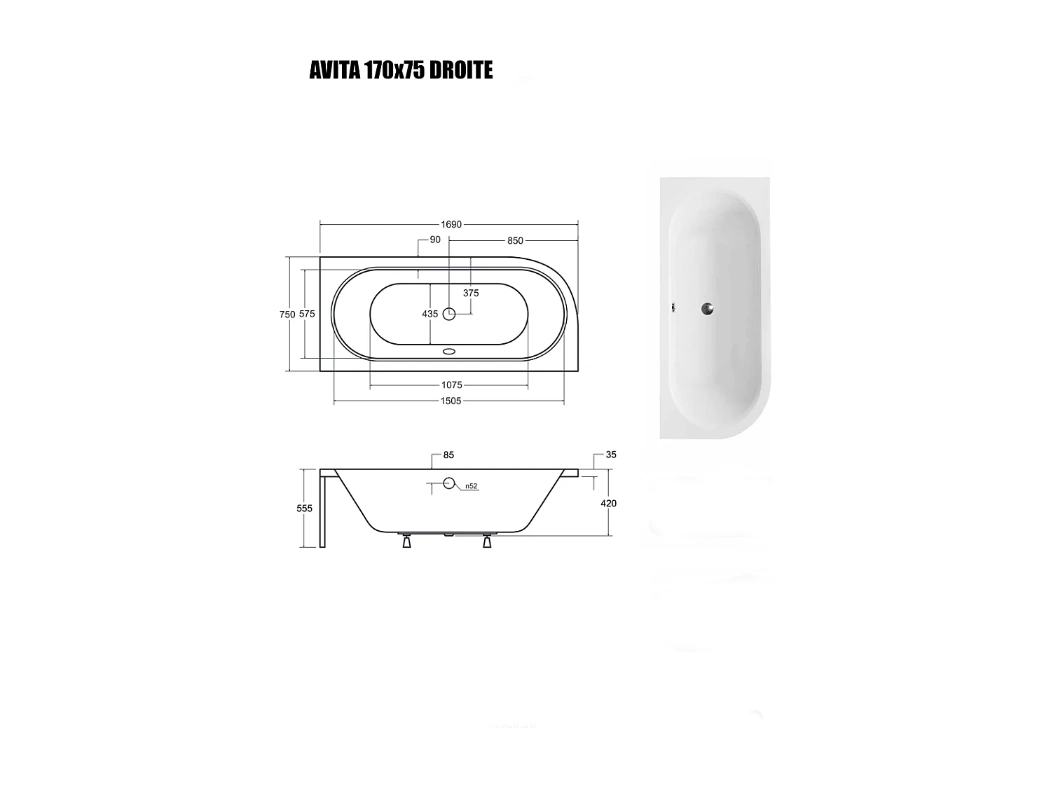 Baignoire Asymétrique sans Tablier - 170 x 75 cm - AVITA SANS TABLIER - DROITE - 1 REPOSE-TÊTE OFFERT