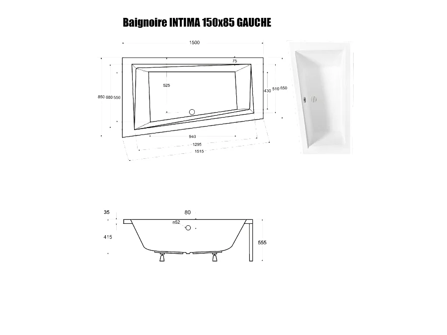 Baignoire Asymétrique sans Tablier - 150 x 85 cm - INTIMA SANS TABLIER - GAUCHE - avec Repose tête OFFERT