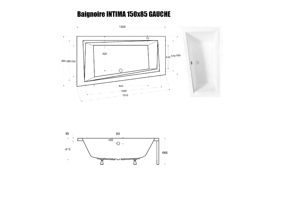 Baignoire Asymétrique sans Tablier - 150 x 85 cm - INTIMA SANS TABLIER - GAUCHE - avec Repose tête OFFERT