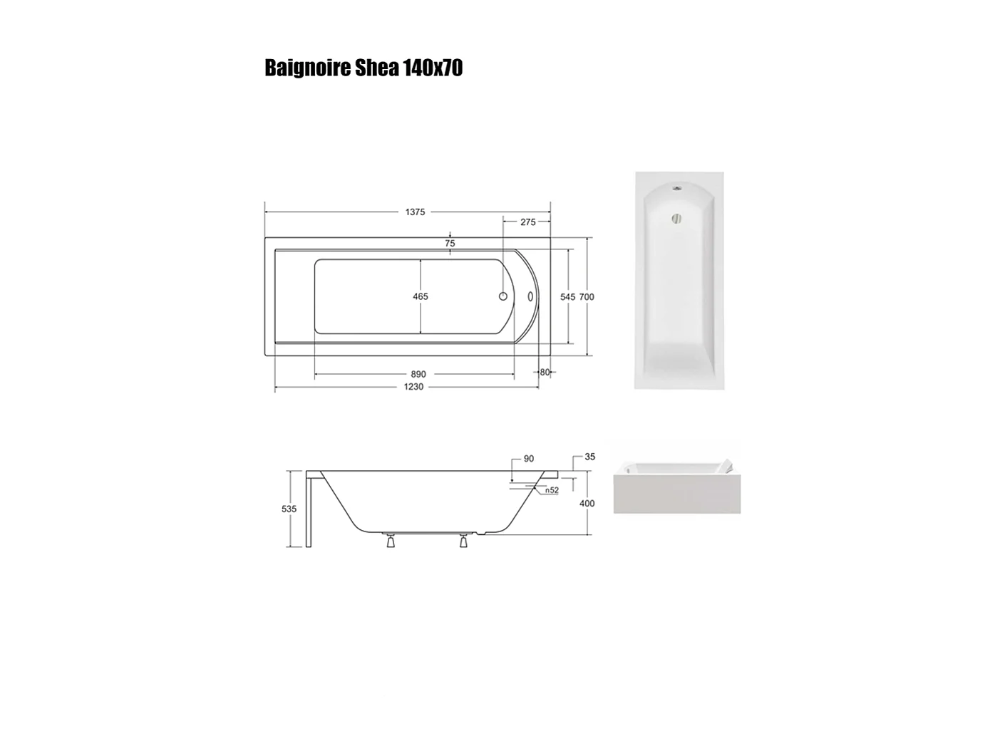 Baignoire Droite sans Tablier - 140 x 70 cm - SHEA SANS TABLIER - REPOSE-TÊTE OFFERT