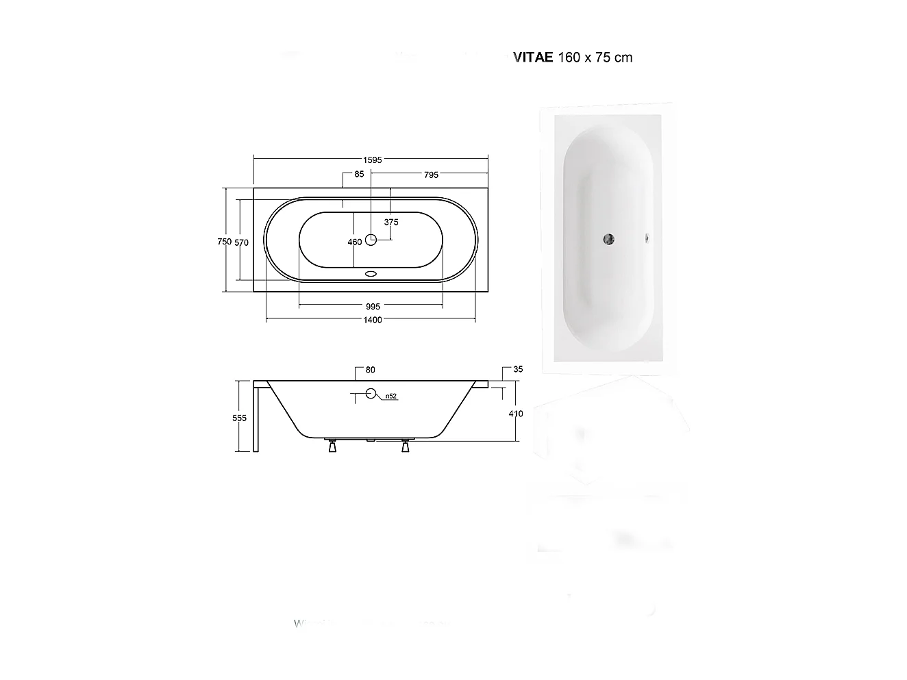 Baignoire Droite sans Tablier - 160 x 75 cm - VITAE SANS TABLIER - REPOSE-TÊTE OFFERT
