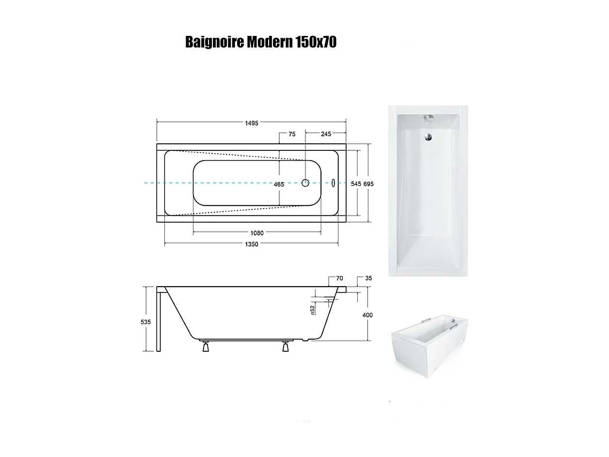 Baignoire Droite sans Tablier - 150 x 70 cm - MODERN SANS TABLIER - REPOSE-TÊTE OFFERT