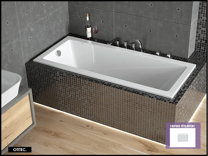 Baignoire Droite sans Tablier - 150 x 70 cm - MODERN SANS TABLIER - REPOSE-TÊTE OFFERT